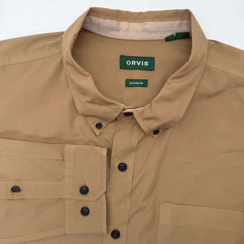 Orvis Button Down Shirt‎ Men XXL Tan Classic Fit Long Sleeve Cotton Solid Pocket